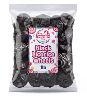 Emporium Candy Black Licorice Wheels bulk bag with classic flavor, ideal for sharing.