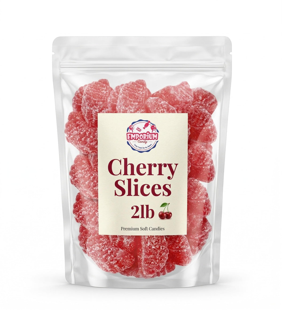 EMPORIUM CANDY Cherry Slices in a 2 lb resealable bag, ideal for party buffets.