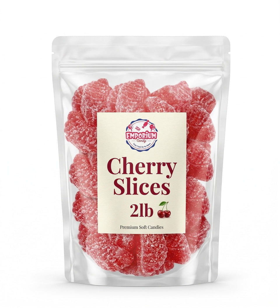 EMPORIUM CANDY Cherry Slices in a 2 lb resealable bag, ideal for party buffets.