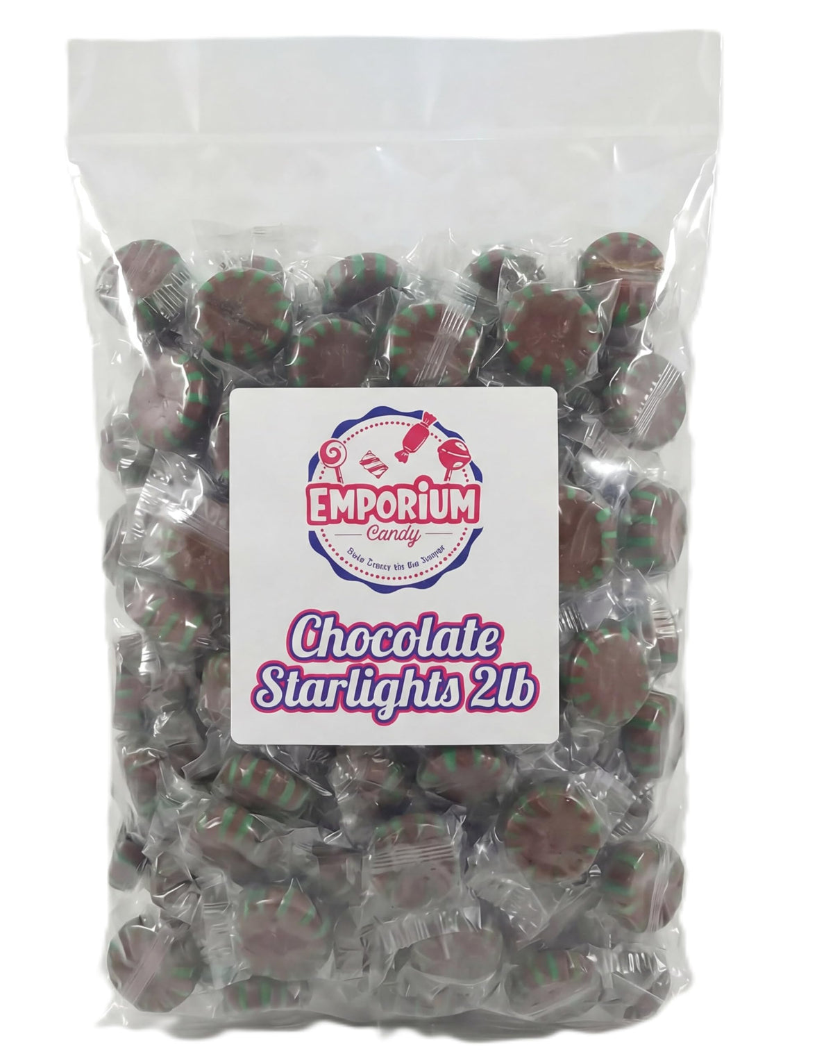 Emporium Candy chocolate-starlight-swirl in bulk bag highlights minty cocoa flavor for party bowls