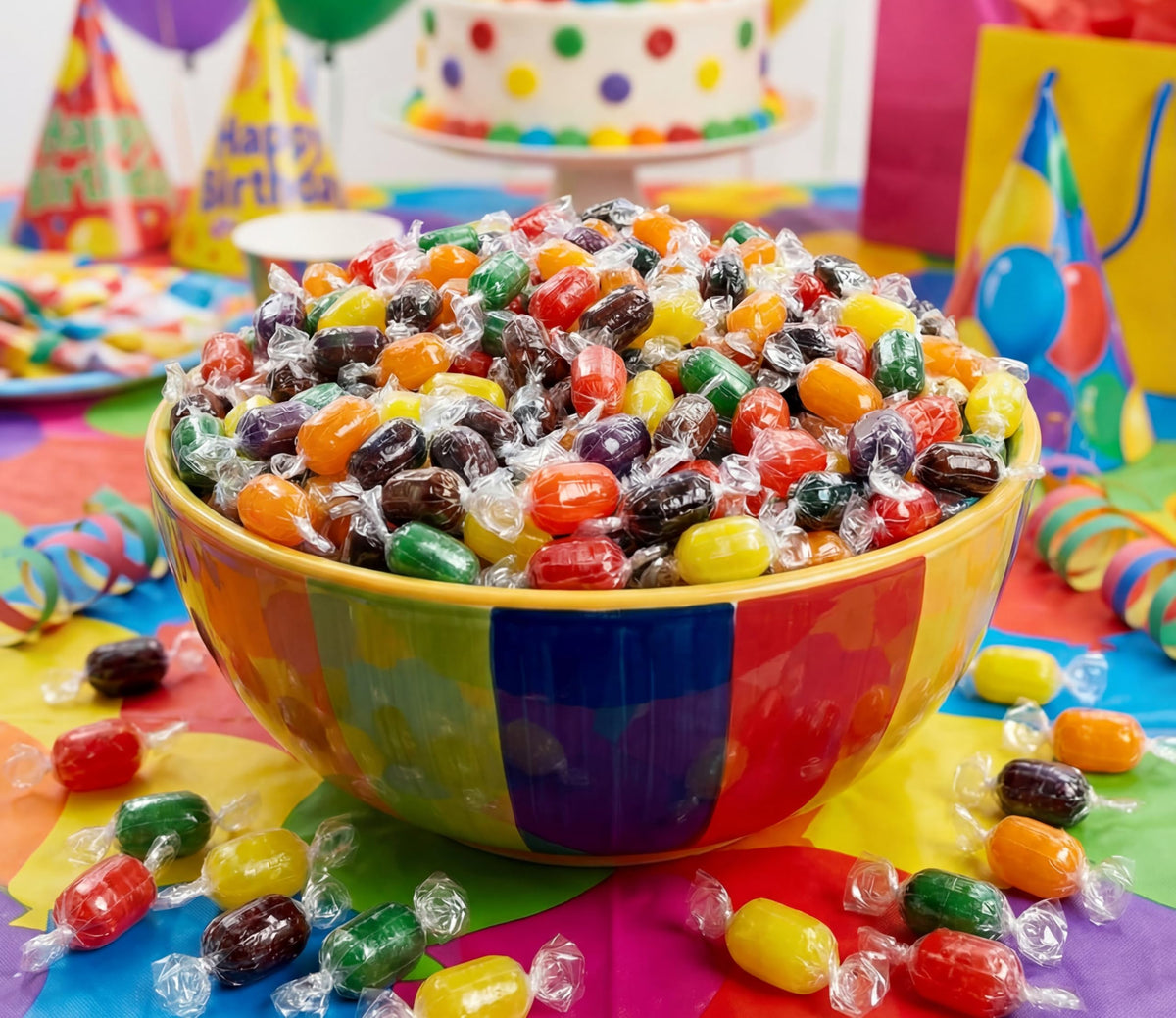 Emporium Candy fruit cherry-wrapped barrel adds color to candy jars and events.