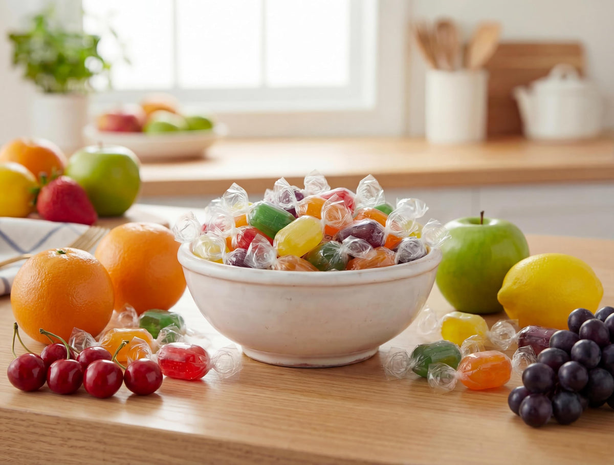Emporium Candy cherry fruit barrel adds color to dessert tables.