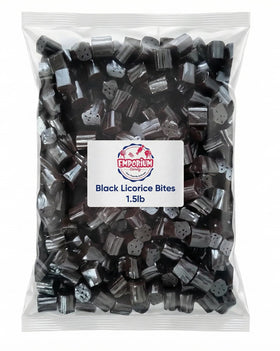 Emporium Candy Gourmet Black Licorice Bites Pack delivering bold flavor in a resealable bag.