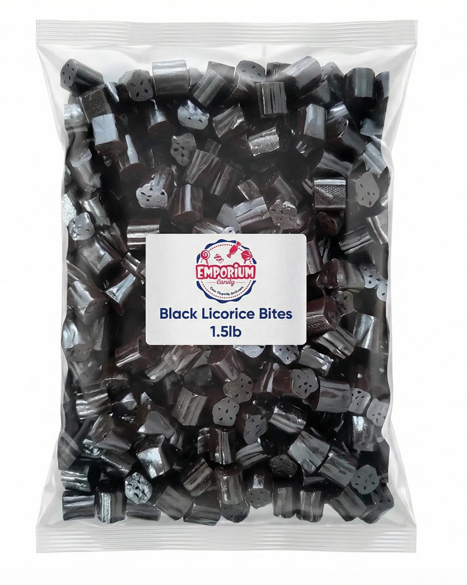 Emporium Candy Gourmet Black Licorice Bites Pack delivering bold flavor in a resealable bag.