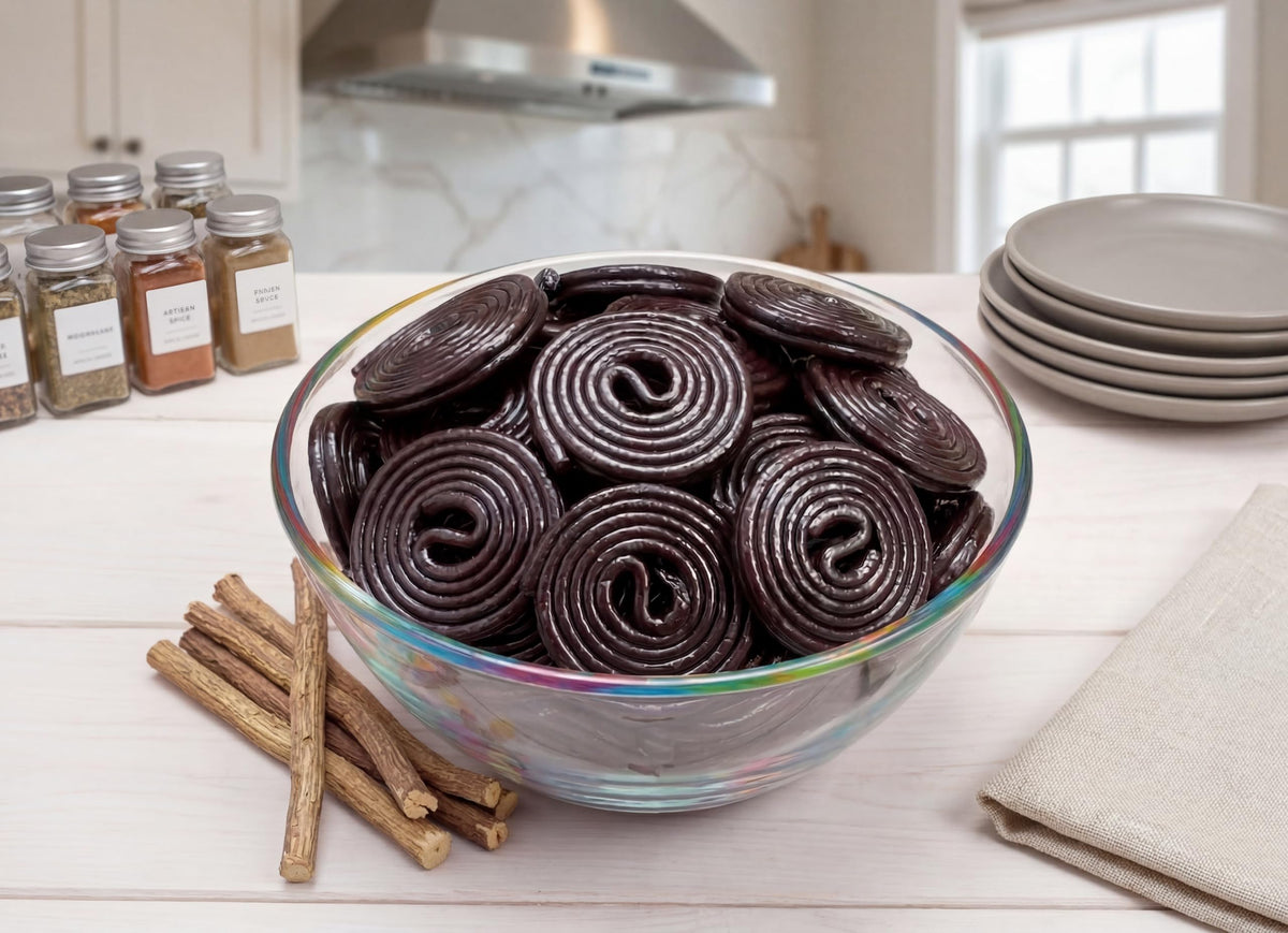 Emporium Candy Licorice Wheels on a tray for a candy display.