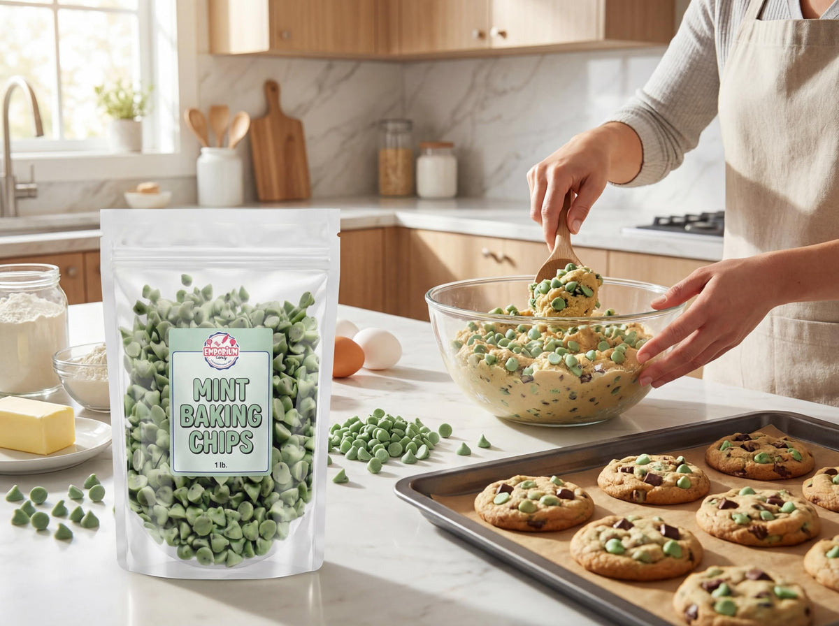 Emporium Candy Mint Baking Chips poured into cake batter during prep