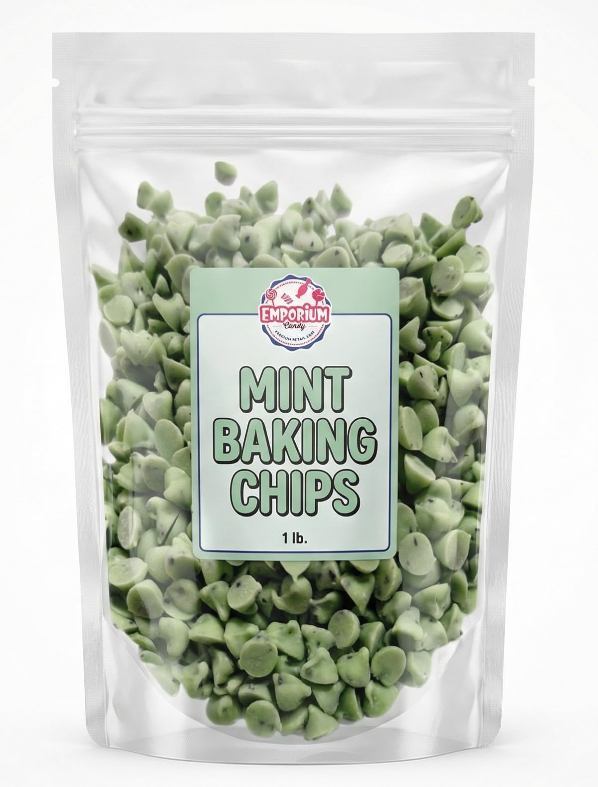 Emporium Candy Mint Baking Chips packaging shows a 1 lb bag for versatile baking