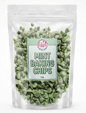 Emporium Candy Mint Baking Chips packaging shows a 1 lb bag for versatile baking