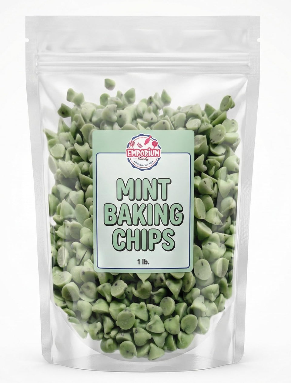 Emporium Candy Mint Baking Chips packaging shows a 1 lb bag for versatile baking