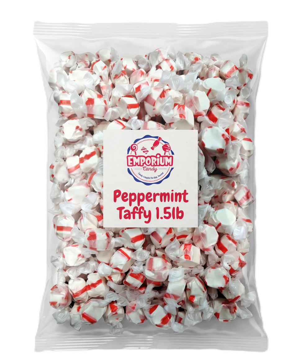 EMPORIUM CANDY Peppermint salt water taffy bulk bag for sharing and stocking up.