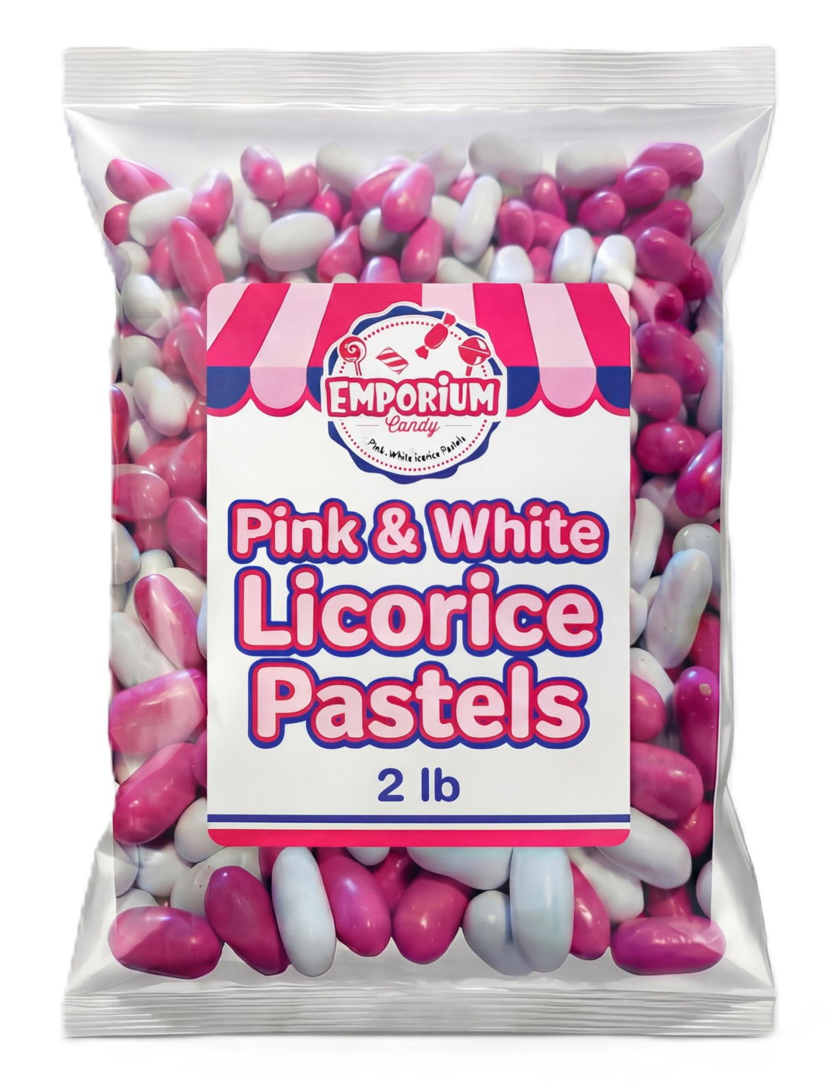 Emporium Candy pink and white licorice pastels in bulk, ideal for parties and gifting.