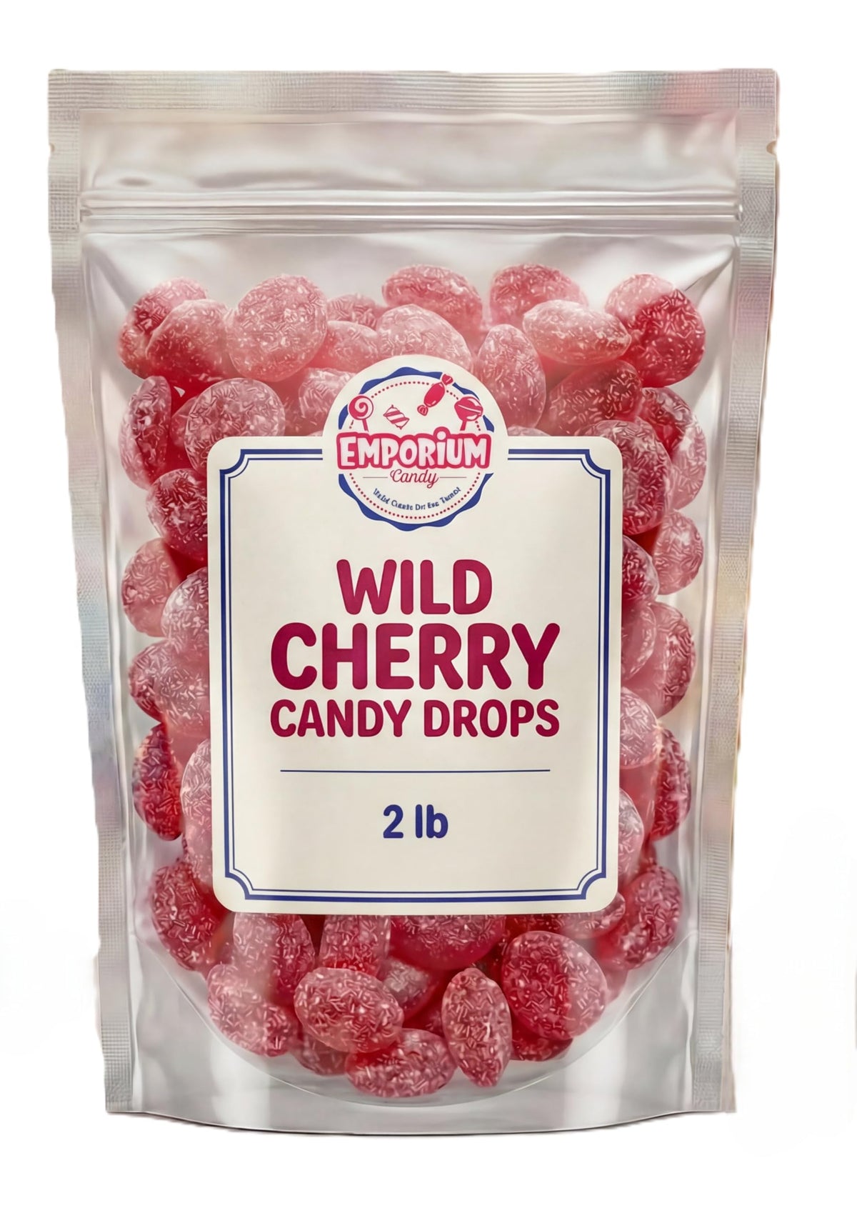 Emporium Candy Sanded Wild Cherry Drops bag shown for sharing at events