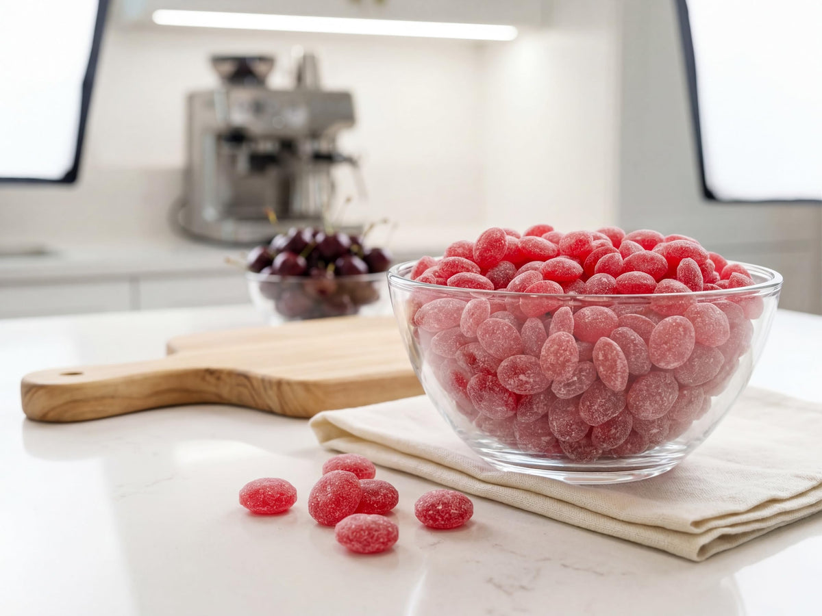 Emporium Candy Sanded Wild Cherry Drops arranged in a bowl for a party