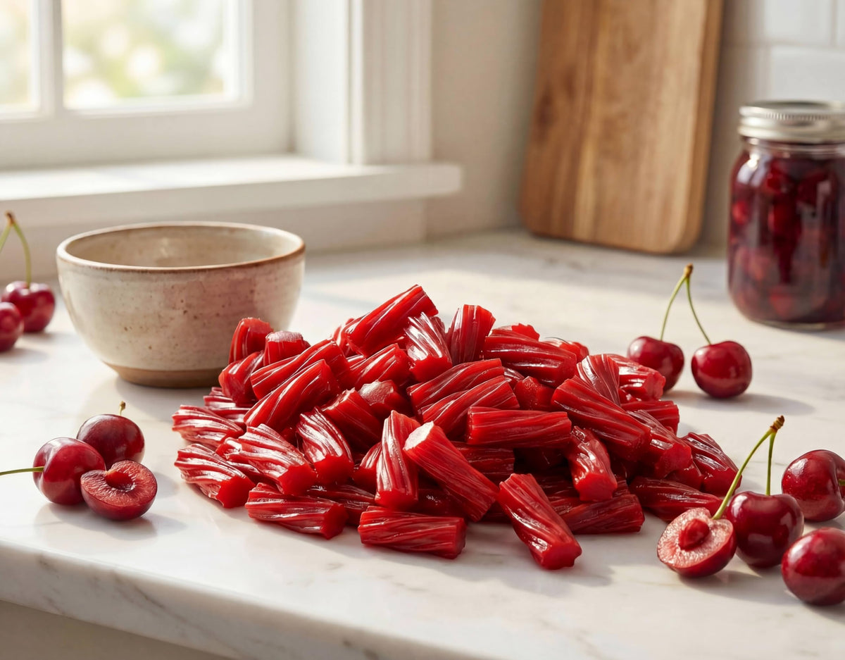 Emporium Candy soft chewy red licorice delivers cherry flavor with subtle strawberry.