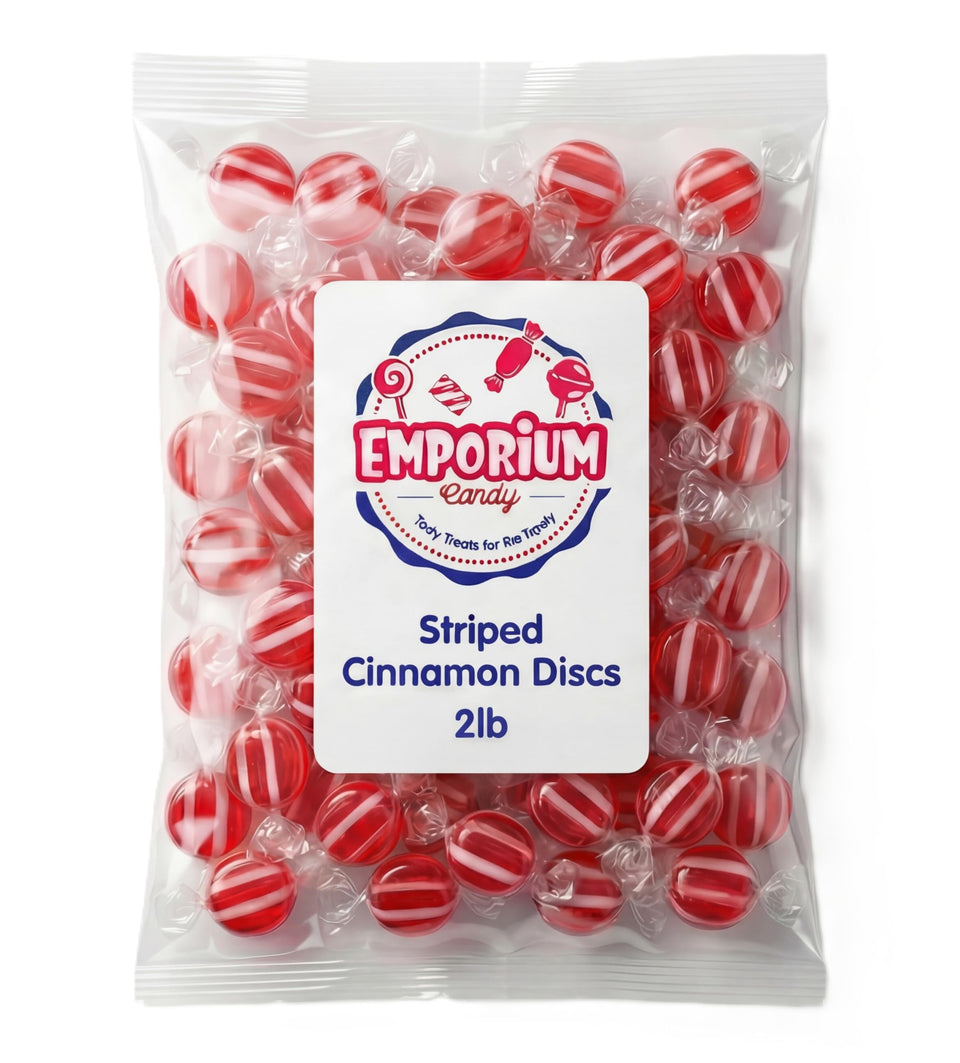 EMPORIUM CANDY striped cinnamon discs 2lb add a nostalgic centerpiece to any party.