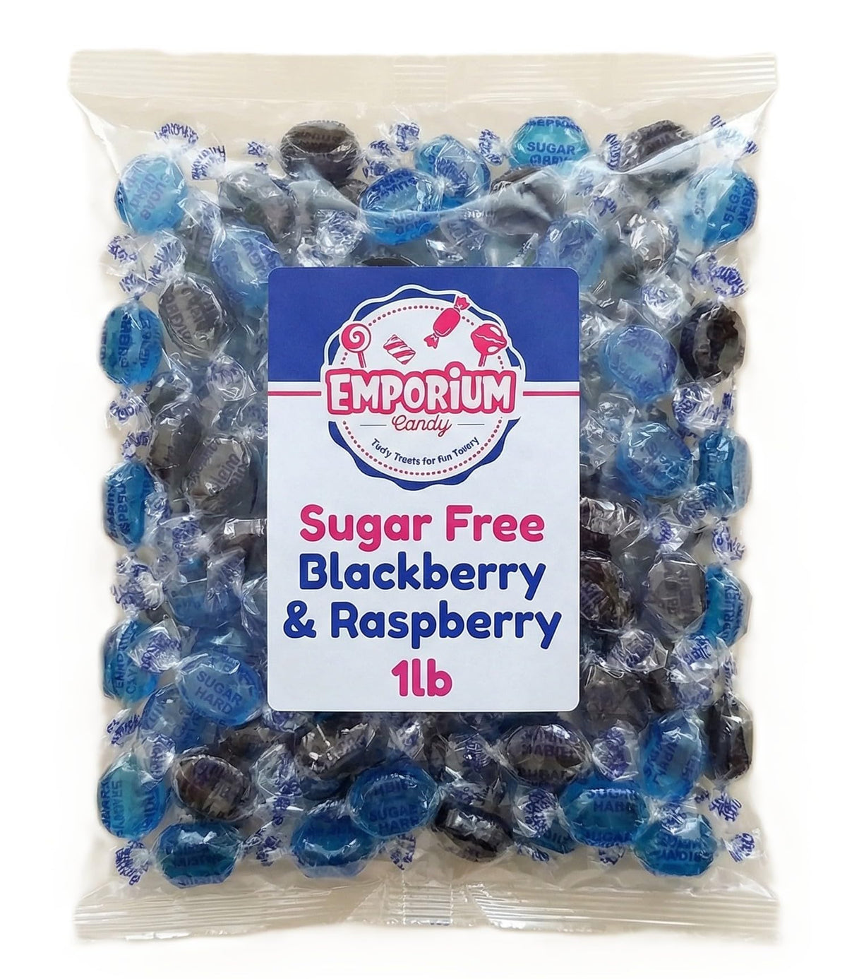 Emporium Candy sugar-free mixed berry buttons packaging close-up for party favors.