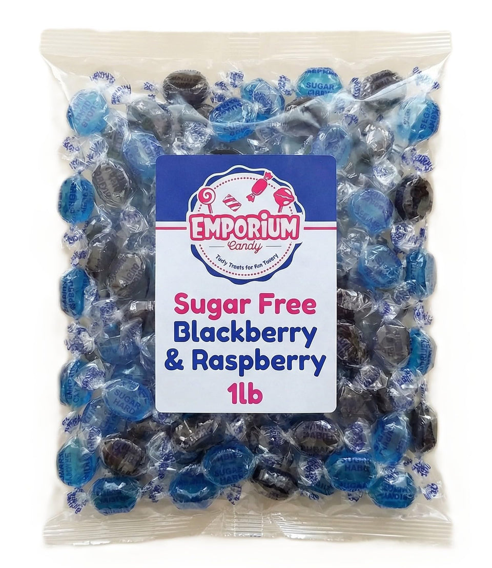 Emporium Candy sugar-free mixed berry buttons packaging close-up for party favors.