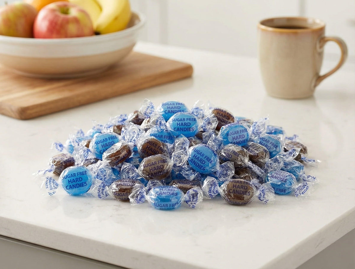 Emporium Candy berry buttons shown with a dispenser for refill-friendly serving.
