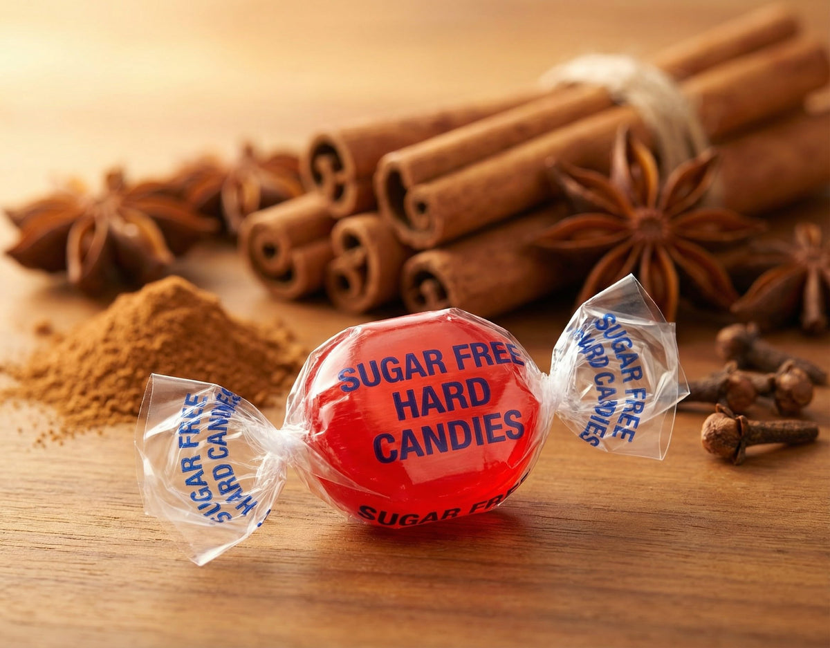 Single piece of sugar-free cinnamon candy showing lasting flavor.