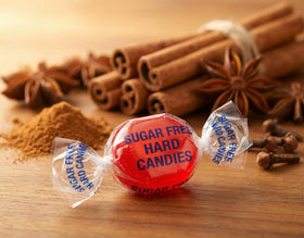 Single piece of sugar-free cinnamon candy showing lasting flavor.