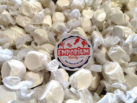 Emporium Candy Vanilla Salt Water Taffy close up highlighting silky center and soft bite