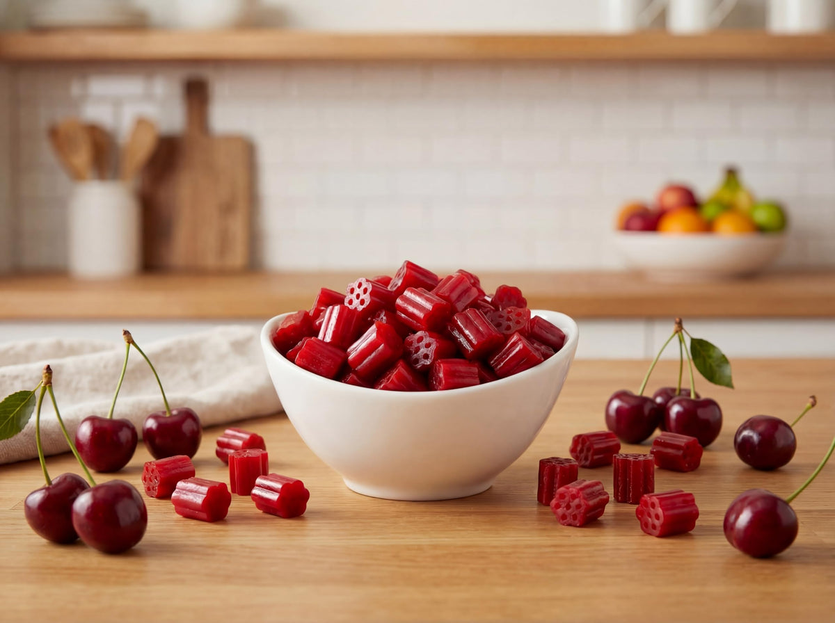 Emporium Candy Cherry Licorice Bites – ideal candy bowl addition for parties and gatherings.