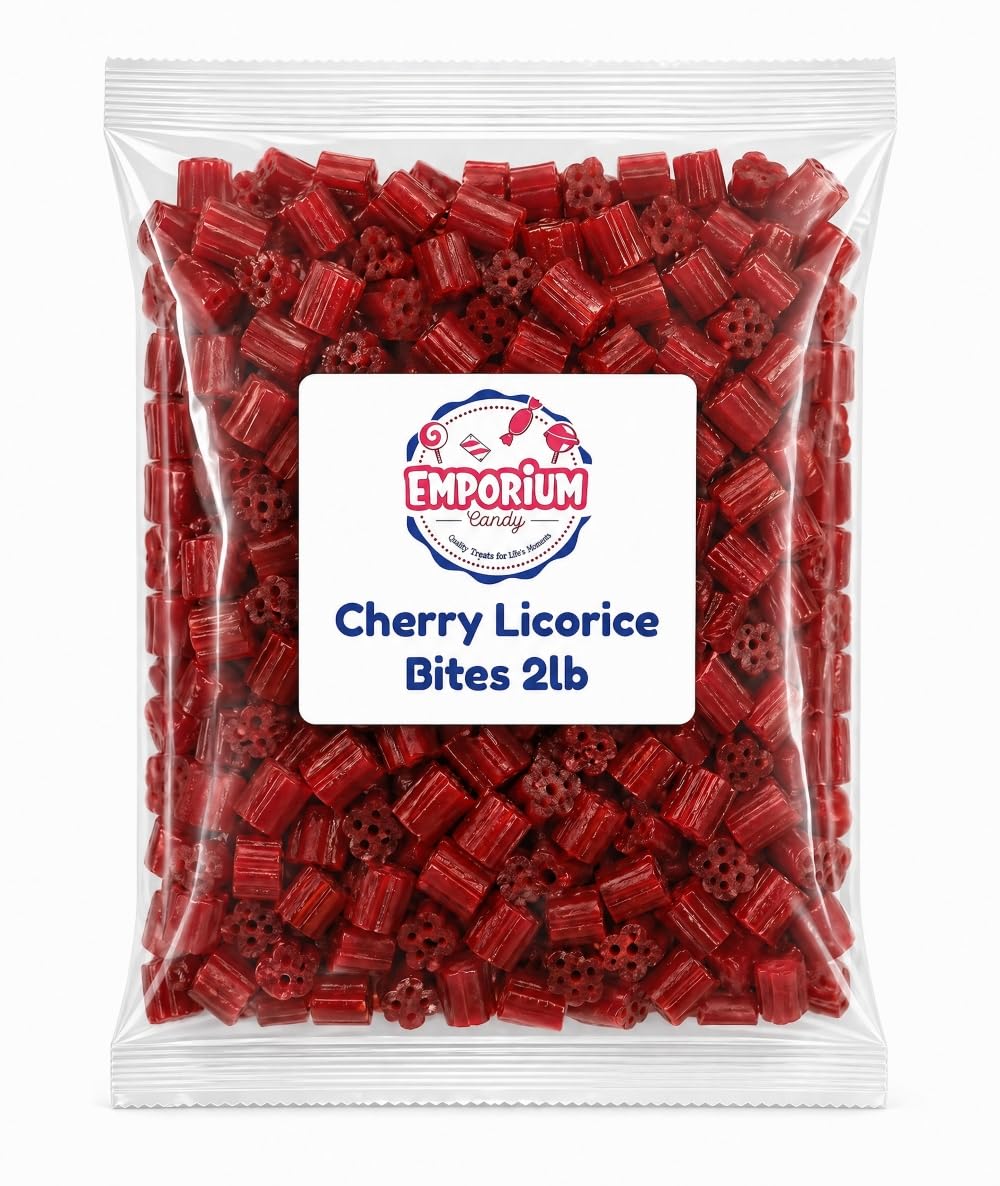 Emporium Candy Cherry Licorice Bites in a 2 lb bag, soft and chewy for sharing.