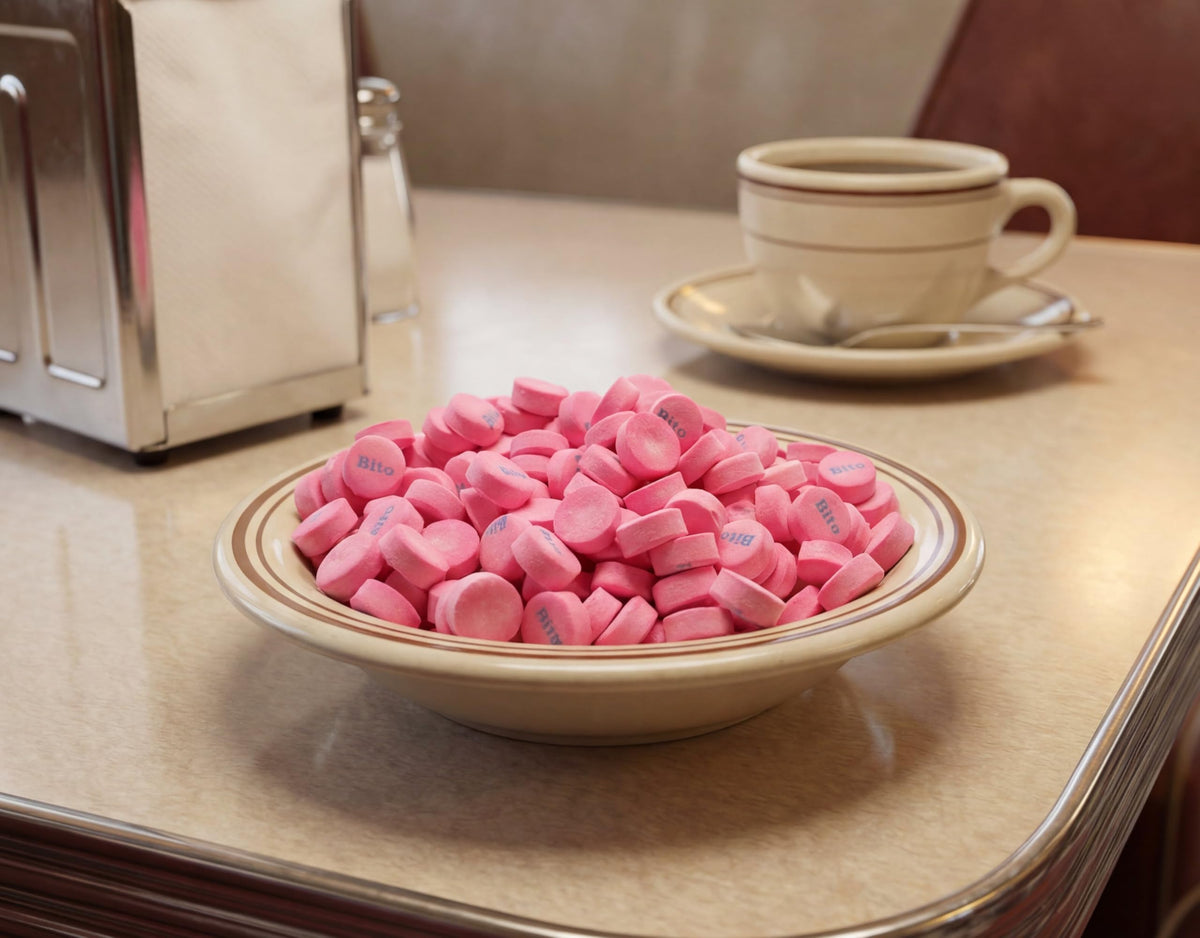 Emporium Pink Wintergreen Mints on display bowl – elegant centerpiece for buffets