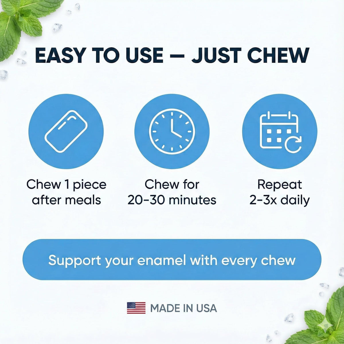 Chicle-based natural gum base emphasized in Enamio packaging.