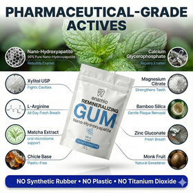 Ingredients panel highlights nano hydroxyapatite and xylitol in Enamio Berry.