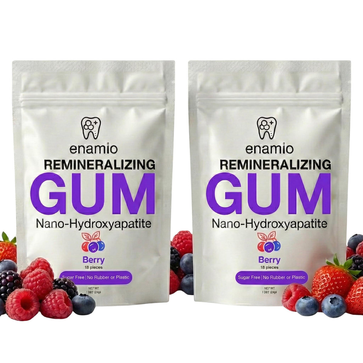 Enamio Berry Remineralizing Gum packaging shows two-pack display for enamel support.