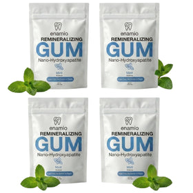Enamio mint remineralizing gum front pack shows enamel-friendly formula.