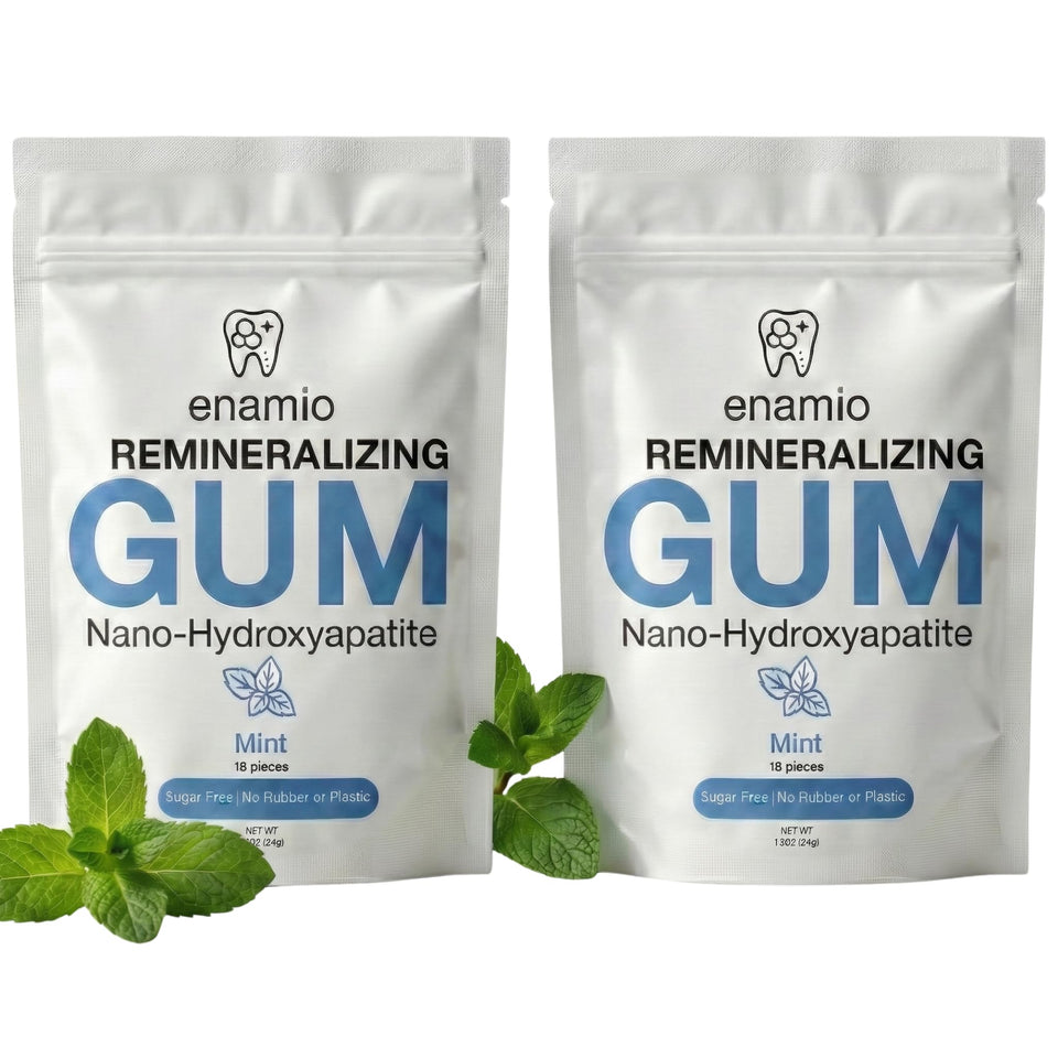 Enamio mint remineralizing gum pack showing packaging and freshness benefits