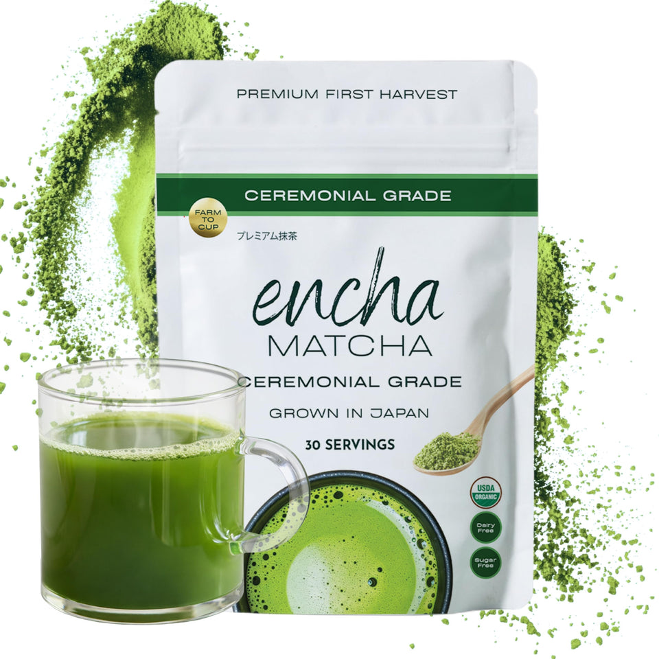 Encha ceremonial-grade matcha powder in a jar, ideal for traditional whisking.