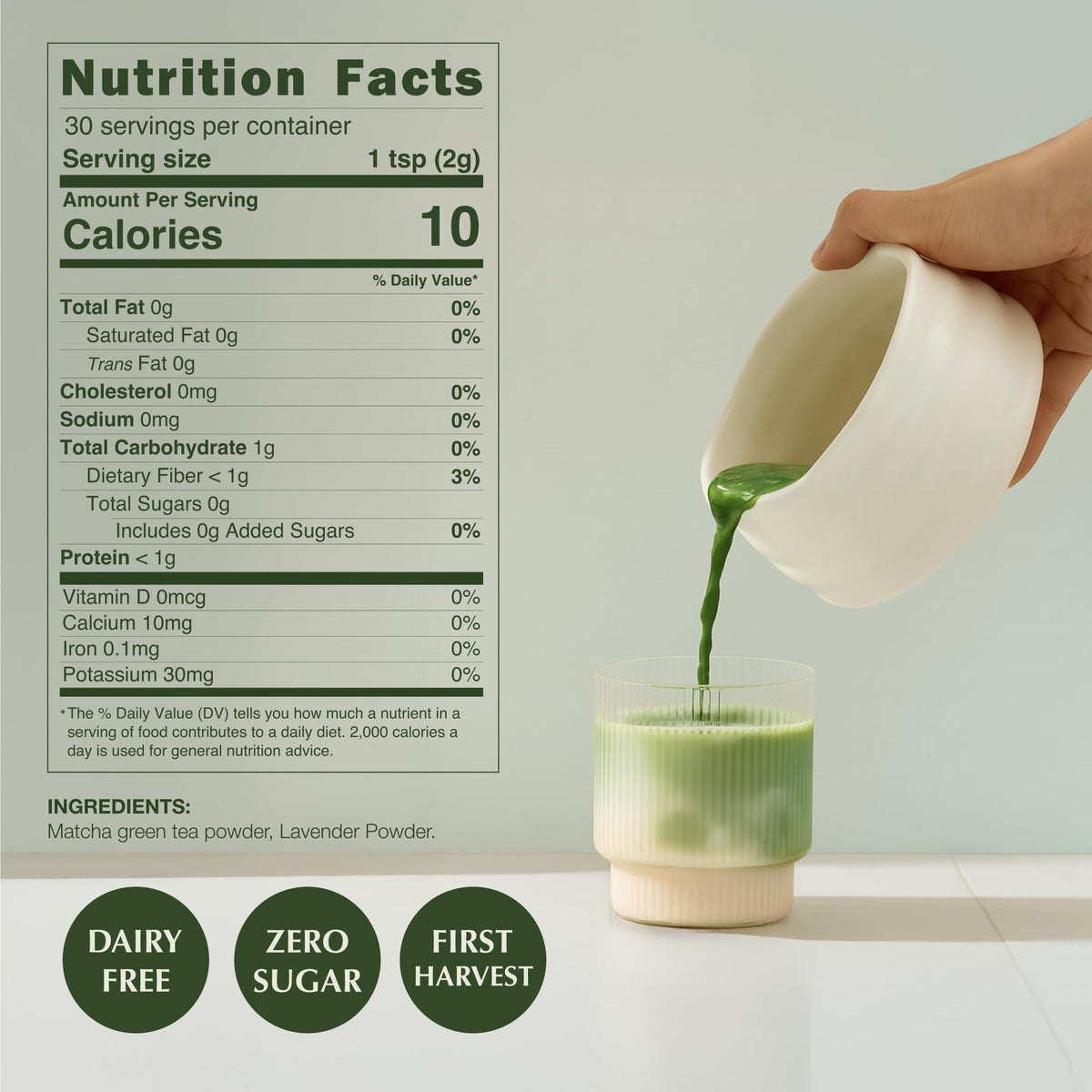 Encha Lavender Matcha Latte Powder scoop shows easy measurement for smooth, consistent lattes.