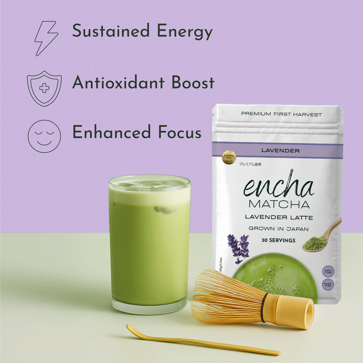 Encha Lavender Matcha Latte Powder tub closeup reveals vibrant green color and fresh aroma.