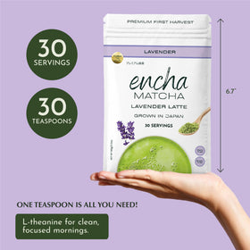 Encha Lavender Matcha Latte Powder whisk and bowl capture ritual preparation.