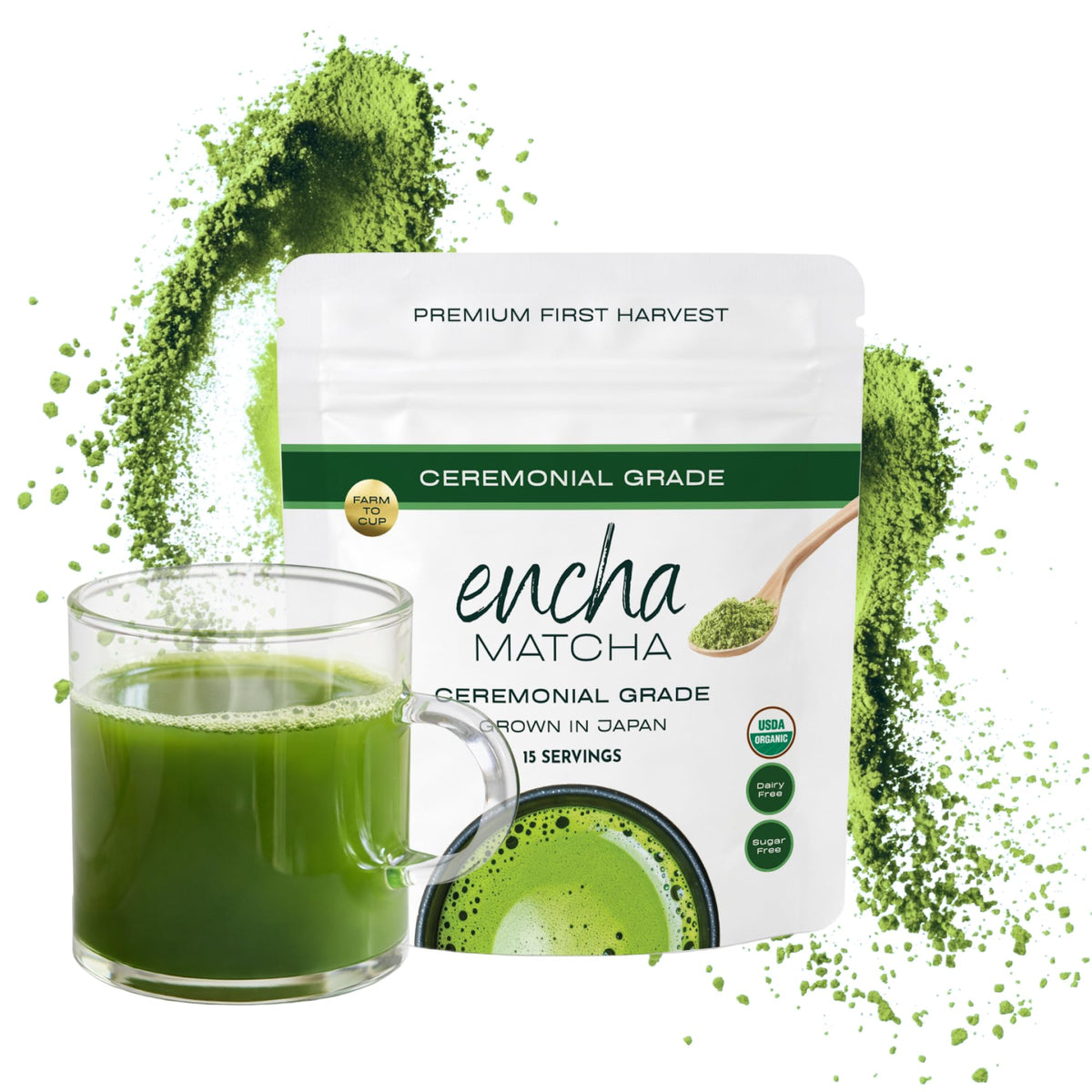 Encha Matcha ceremonial-grade powder in a jar for traditional whisking.