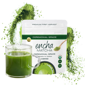 Encha Matcha ceremonial-grade powder in a jar for traditional whisking.
