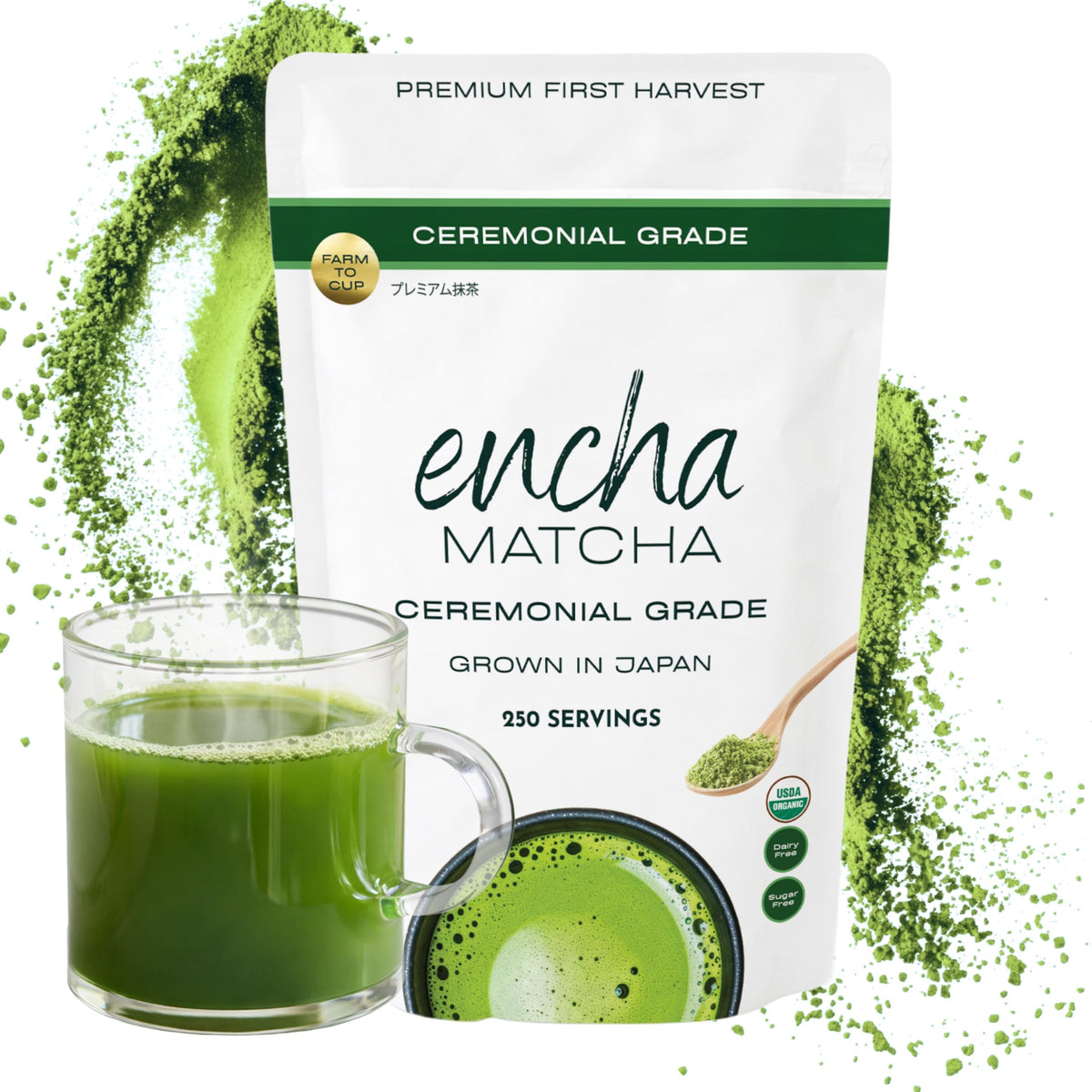 Encha ceremonial-grade matcha powder in a pack, ideal for whisking.