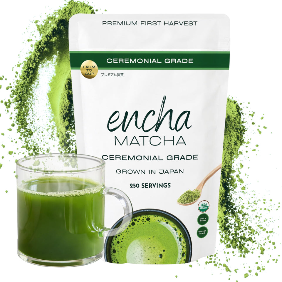 Encha ceremonial-grade matcha powder in a pack, ideal for whisking.
