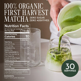 Encha Matcha Latte Grade jar shown with whisk for smooth milk preparation.