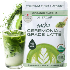 Encha Matcha Latte Grade powder in a bag closeup for premium latte.