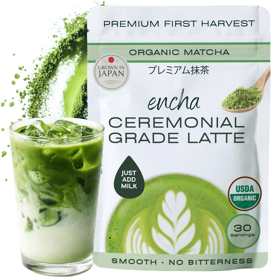 Encha Matcha Latte Grade powder in a bag closeup for premium latte.
