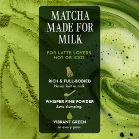 Encha latte-grade powder jar emphasizing organic first harvest from Uji