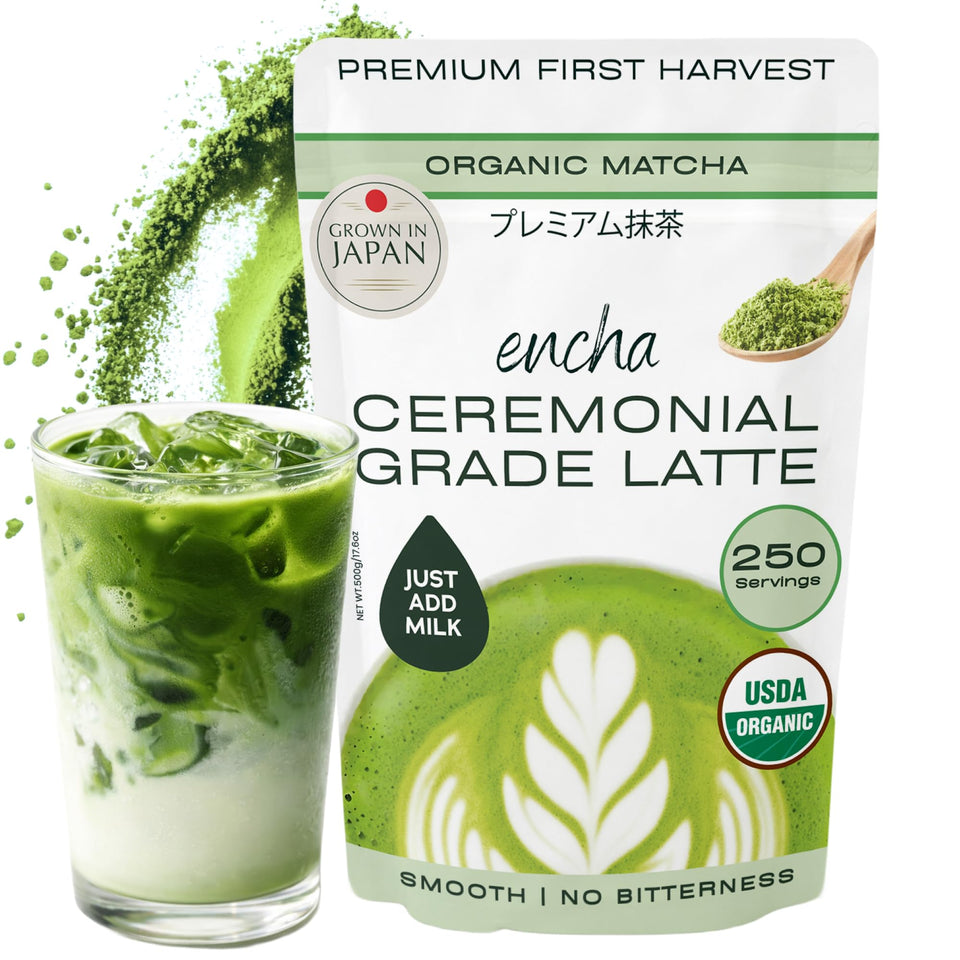 Encha latte-grade matcha packaging showing premium organic product for daily lattes
