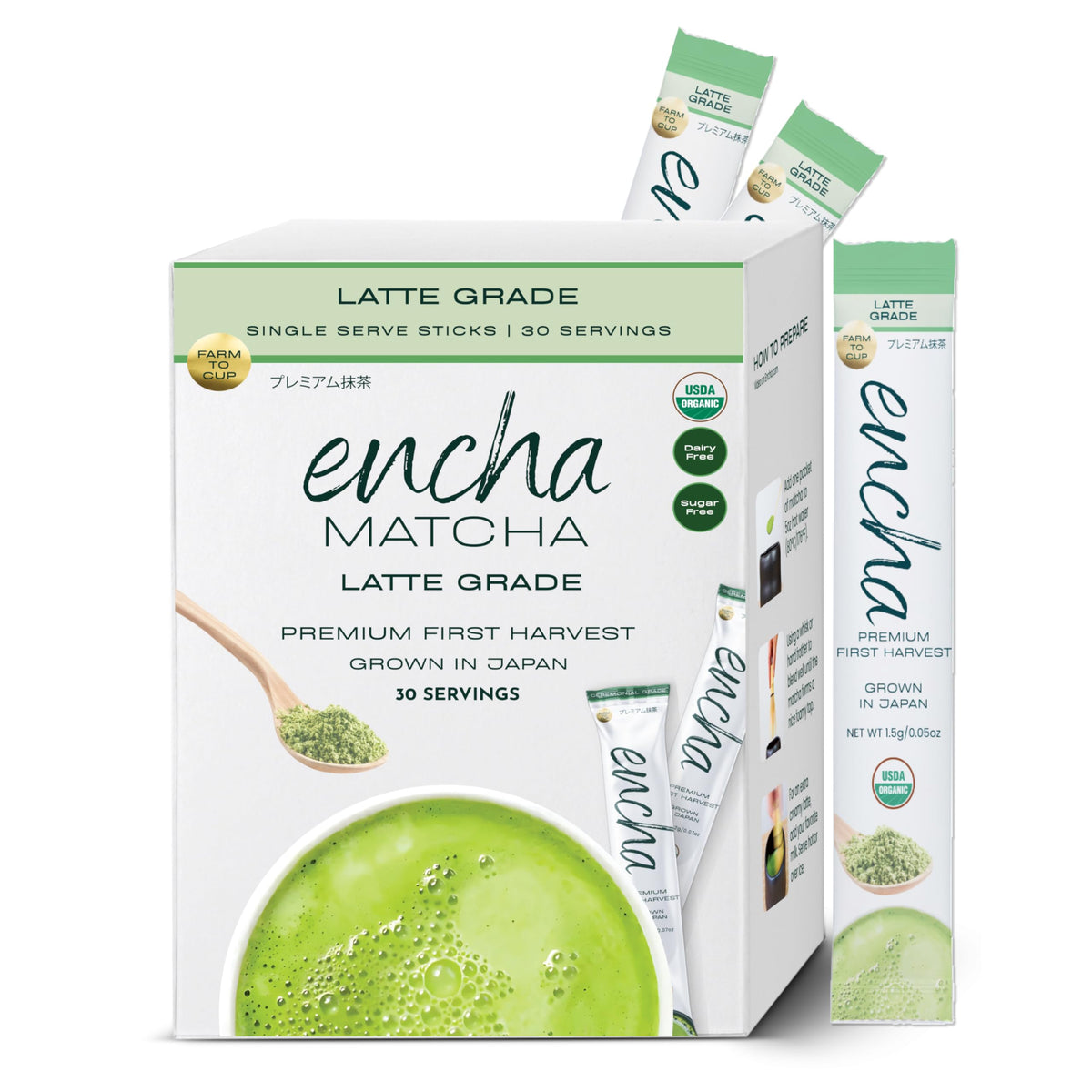 Encha Matcha latte-grade powder for creamy latte preparation.