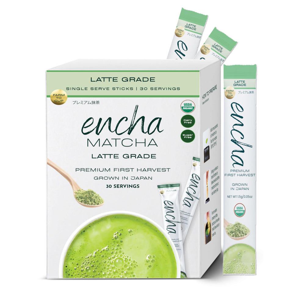 Encha Matcha latte-grade powder for creamy latte preparation.