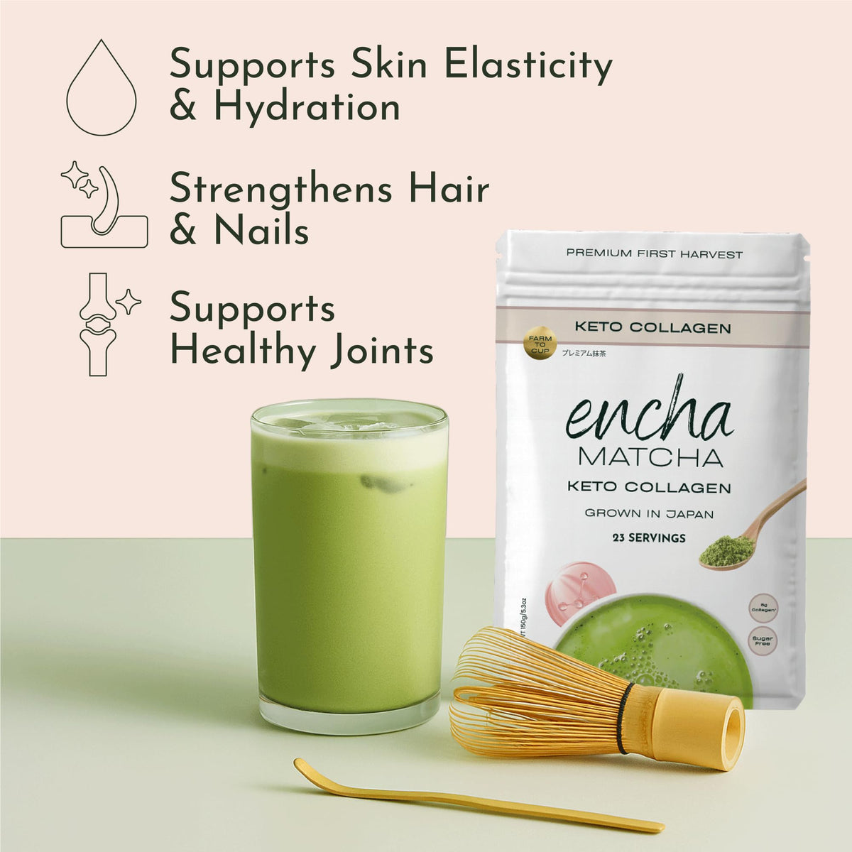 Encha Matcha Latte Powder in a frothy mug shows a smooth, delicious cup