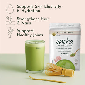 Encha Matcha Latte Powder in a frothy mug shows a smooth, delicious cup